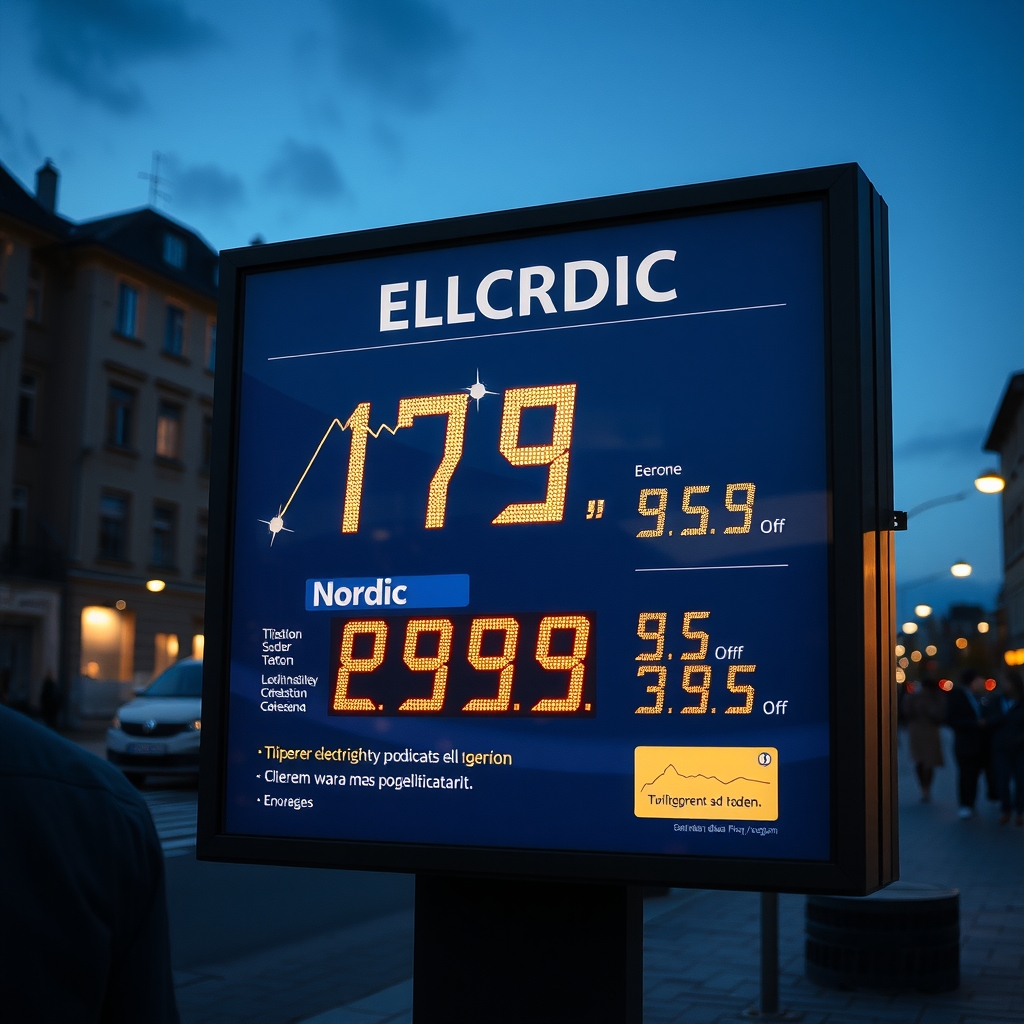 En bild som visar en elmarknad med olika regioner och priser, färgglad och informativ.